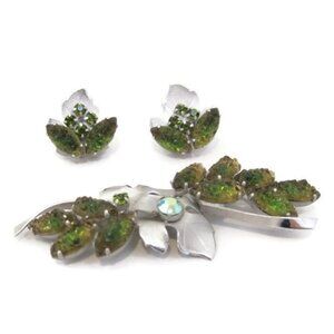 Vintage Brooch Earrings 50s 60s Rhinestone Art Glass Continental Green silver